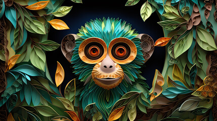 Create a detailed and colorful illustration of a monkey using a paper-cut style