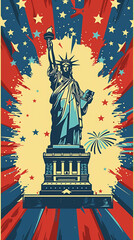 Colorful Patriotic Illustration of the Statue of Liberty with Stars and Fireworks