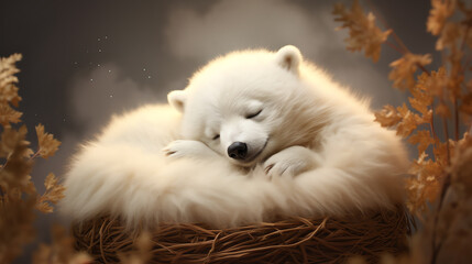 Fototapeta premium Generate a photo of a polar bear sleeping in a nest of autumn leaves and fur