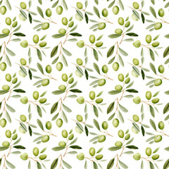 Olives on the white background, pattern. Illustration for wallpapers, textile, wrapping, poster, web and packaging.