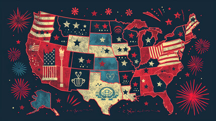 Patriotic Map of USA with State Symbols and Fireworks Illustrations