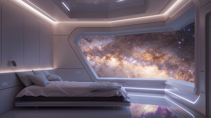 High-tech bedroom featuring a panoramic window displaying a starry galaxy, AI-controlled climate, and minimalist design