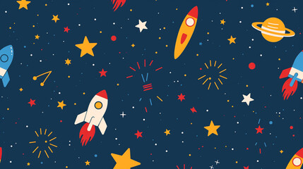 Colorful Rockets and Stars in Outer Space Cartoon Wallpaper