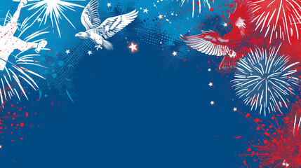 Patriotic Celebration Background with Eagles, Stars, and Fireworks in Blue and Red Theme
