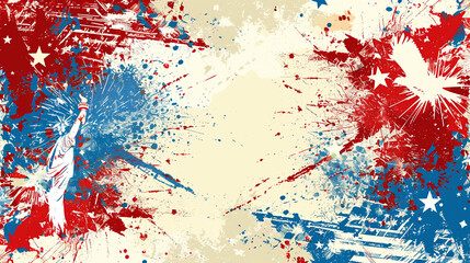 Abstract Patriotic Background with Statue of Liberty, Stars, and Eagles in Red, White, and Blue Splashes