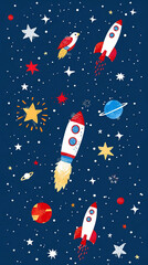 Whimsical Space Adventure: Rocket Ships, Stars, and Planets in a Night Sky