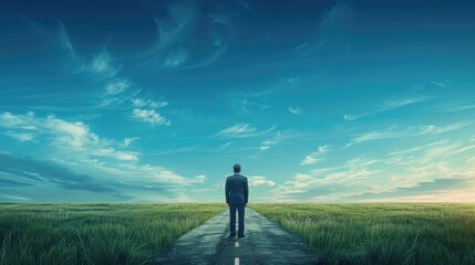 A businessman stands at a junction, gazing towards the distant horizon. The serene blue sky serves as the backdrop, while a grassy field showcases two roads converging. This imagery embodies the conce