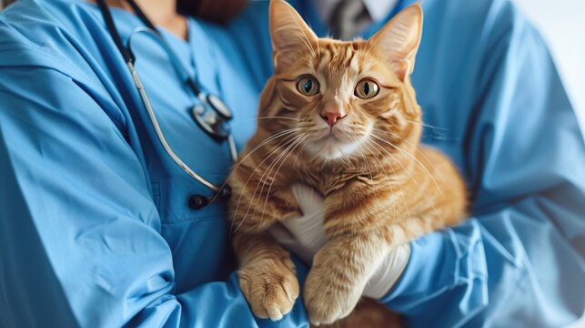 A calm ginger cat is being gently held by a professional veterinarian wearing blue scrubs, exemplifying the significance of regular veterinary visits for the well-being of animals and showcasing compa