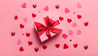 Obraz premium pink gift box with red ribbon