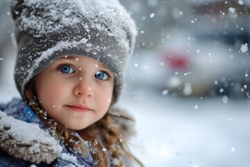cute little girl face in the snow, Portrait of a small girl in snow, AI-generated