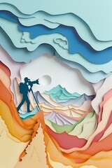 Vector paper cut image of a photographer taking a picture of a beautiful landscape, with pastel tones highlighting the scene and intricate details of the nature