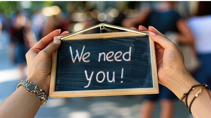 Hands clutching a petite chalkboard bearing the message "We need you!" set against a backdrop of azure, reminiscent of recruitment advertisements from the early 1900s