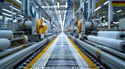 A perspective view of a modern textile factory with automated machines and conveyor belts producing fabric