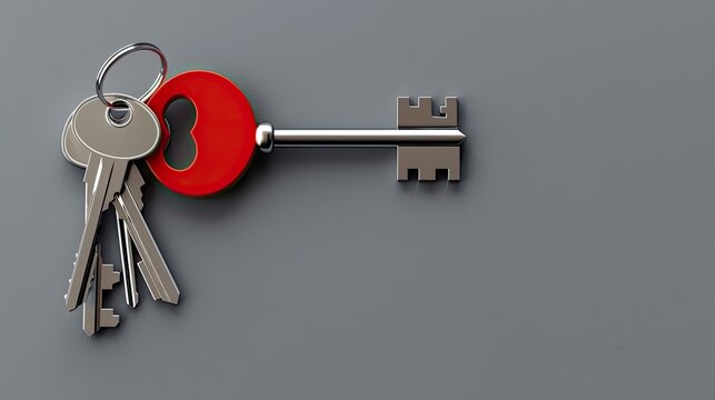Red house key with silver keys against a gray backdrop, illustrating a real estate concept for banners, web design, with ample copy space on the left side