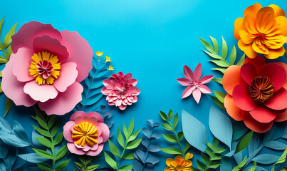 Top view of vibrant colorful paper cut flowers with green leaves on bright blue background, perfect for spring, summer, crafting, and DIY themes with copy space