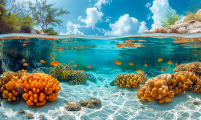 Vibrant Underwater Coral Reefs with Tropical Fish in Crystal Clear Waters of Bonaire, Caribbean at Daytime