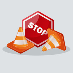 Traffic cone orange , traffic sign stock illustration with stop sign