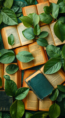 Overhead Closeup of Open Literature Books with Green Leaves, Vintage Pages, Nature Integration, Perfect for Background and Creative Design, Literary Inspiration, Study of Nature and Literature Fusion