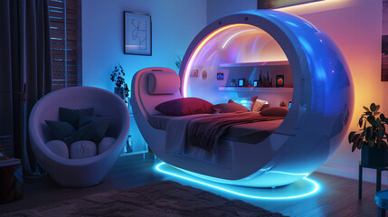 Sci-Fi bedroom featuring a gravity-free sleep pod, illuminated by soft, color-changing LED lights