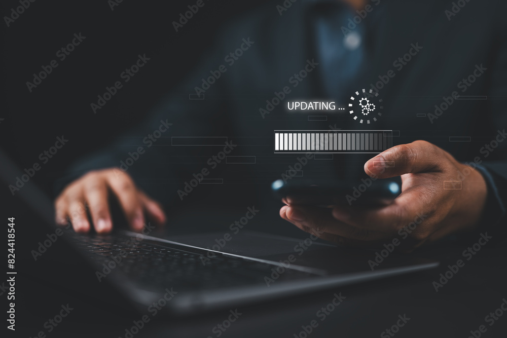 Poster Update software system in computer. Man using smartphone upgrade program, Business technology internet loading virtual bar with installing the update for the quality better.