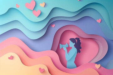 Vector paper cut image of a photographer taking a portrait, with pastel background elements like floating hearts and stars emphasizing the beauty of human expression