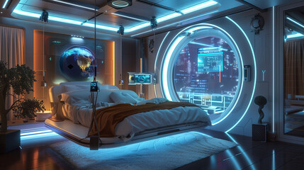 Sci-Fi bedroom featuring a bed suspended in an anti-gravity chamber, holographic entertainment systems, and interactive lighting