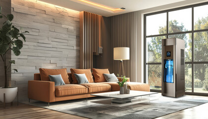 A living room with a couch, coffee table, and potted plant by AI generated image