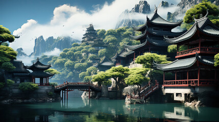 Obraz premium Beautiful Chinese Rural Village Traditional Houses With Mountains and River Landscape Background
