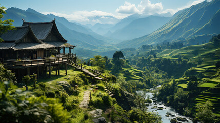 Cabin With Green Rice Paddy On Mountains Landscape Background