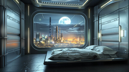 Sleek bedroom with metallic walls, a hovering bed, and a window showing a futuristic city skyline under a moonlit sky