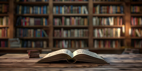 Open book on the table in the library.
