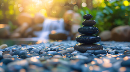 A stack of smooth, round stones balanced on top of each other with a blurred background of a forest and waterfall.