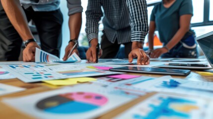 A group of professionals stands over a table reviewing colorful data charts, graphs, and digital devices for business analysis