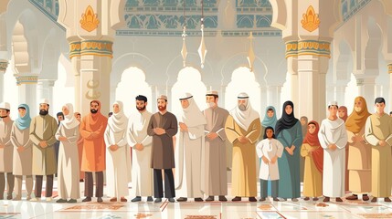 Cartoon vector of people attending the Eid al Adha prayer at a mosque, with men, women, and children in traditional clothing, and a beautifully decorated mosque interior Generative AI