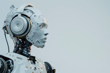 Humanoid robot wearing a headset