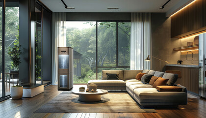 Obraz premium A living room with a white refrigerator and a large couch by AI generated image