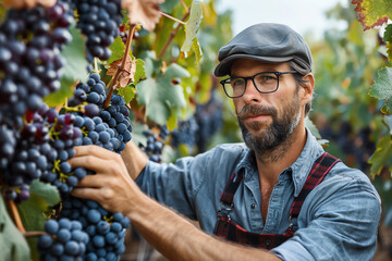Winemaker inspecting grape vines in a vineyard during harvest season
