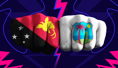 Papua New Guinea VS West Indies T20 Cricket World Cup 2024 concept match template banner vector illustration design. Flags painted on hand with colorful background