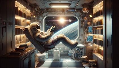 Astronaut reading book in floating space station library