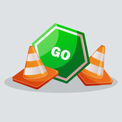 Traffic cone orange , traffic sign stock illustration with go ahead sign