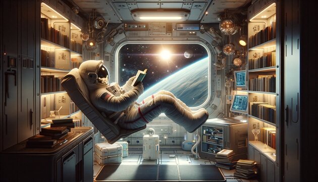 Astronaut reading book in floating space station library