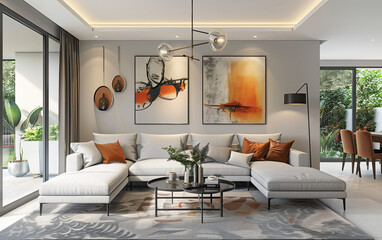 Living room interior design with white walls, paintings, lights, sofa set and table. Created with Ai