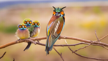 Adult birds and little owl chicks (Athene noctua) are photographed at close range closeup