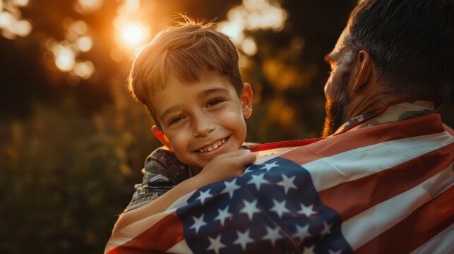 Portrait of a boy welcoming his father soldier while holding an USA flag