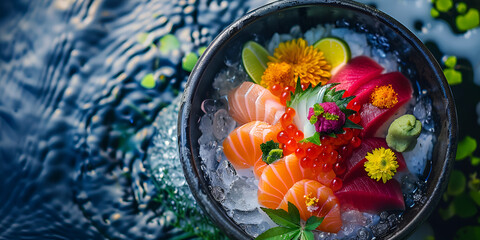 A black bowl filled with rice and various fish, topped with green onions  large plate filled with various types of sushi and rolls, set against a dark background with pink flowers