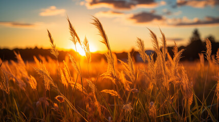 Sun setting over a field of tall grass. A picturesque view of the sun setting over a field of tall grass.