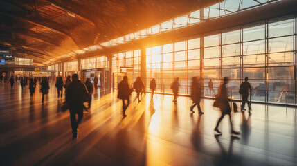 blurred business people walking at a trade fair, conference or walking in a modern hall