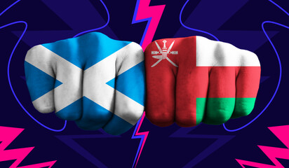 Scotland VS Oman T20 Cricket World Cup 2024 concept match template banner vector illustration design. Flags painted on hand with colorful background