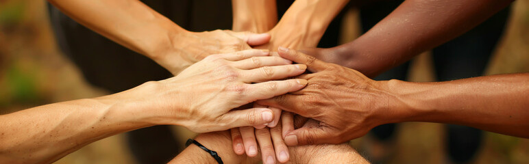 Diverse Teamwork: Multiracial Hands United in Community Support and Unity