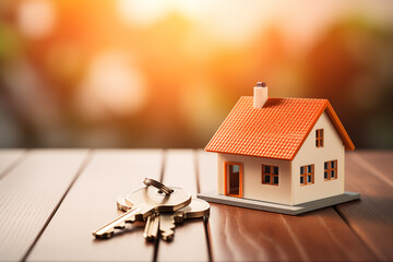 The key with mini house model on the table. Miniature real estate house for sale